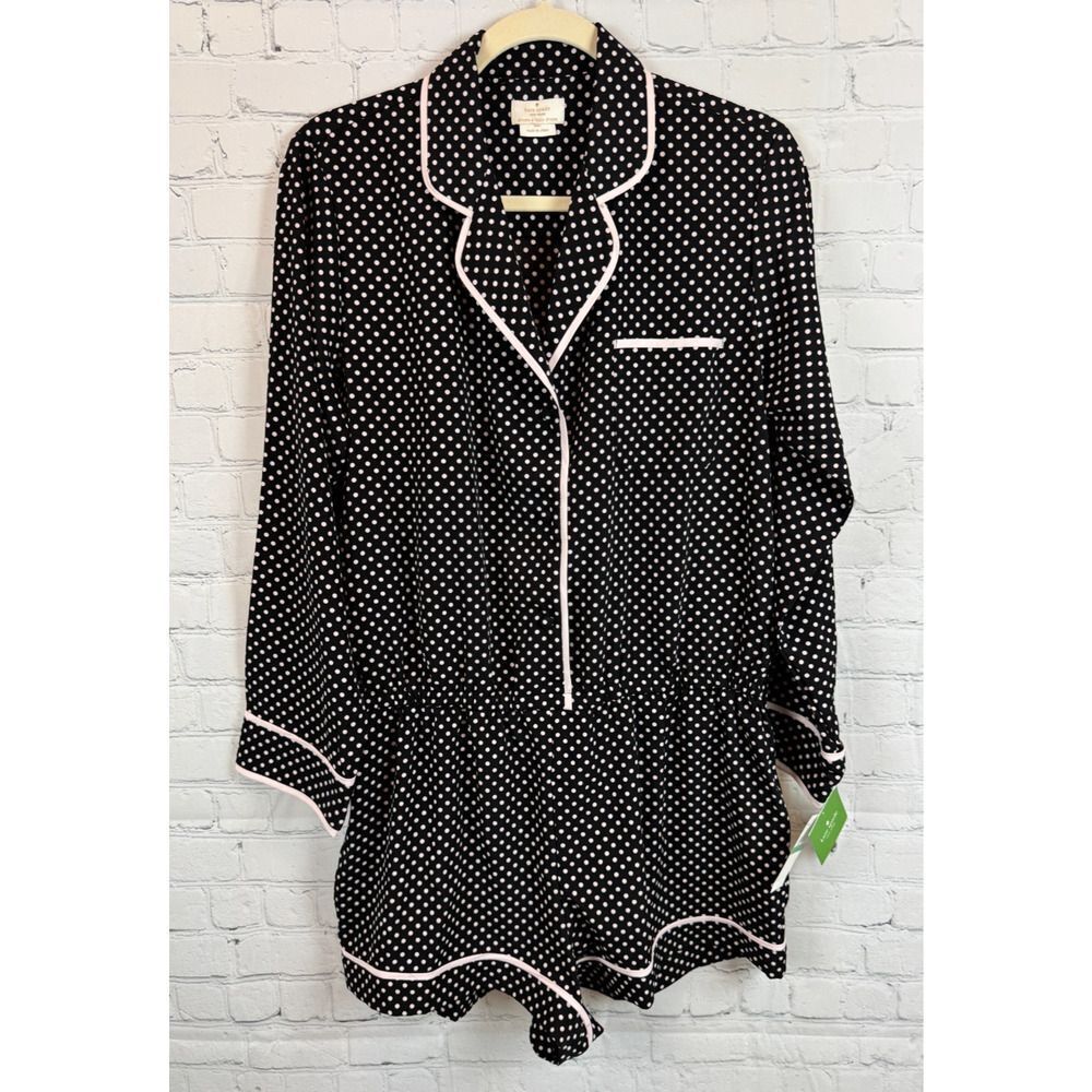 KATE SPADE NEW YORK black white polka dot sleep lounge romper jumpsuit L NWT